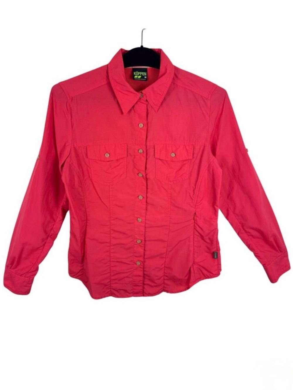 KOPPEN 100% Nylon Coral Insect Repellant Roll Tab Sleeve Button Up Fishing Top M